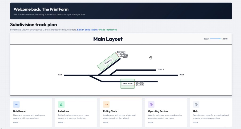 RailOps dashboard with subdivision track plan and workflow shortcuts