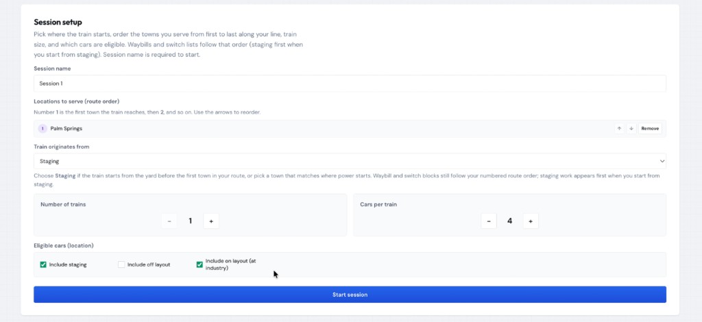 RailOps session setup with route order, train options, and car eligibility